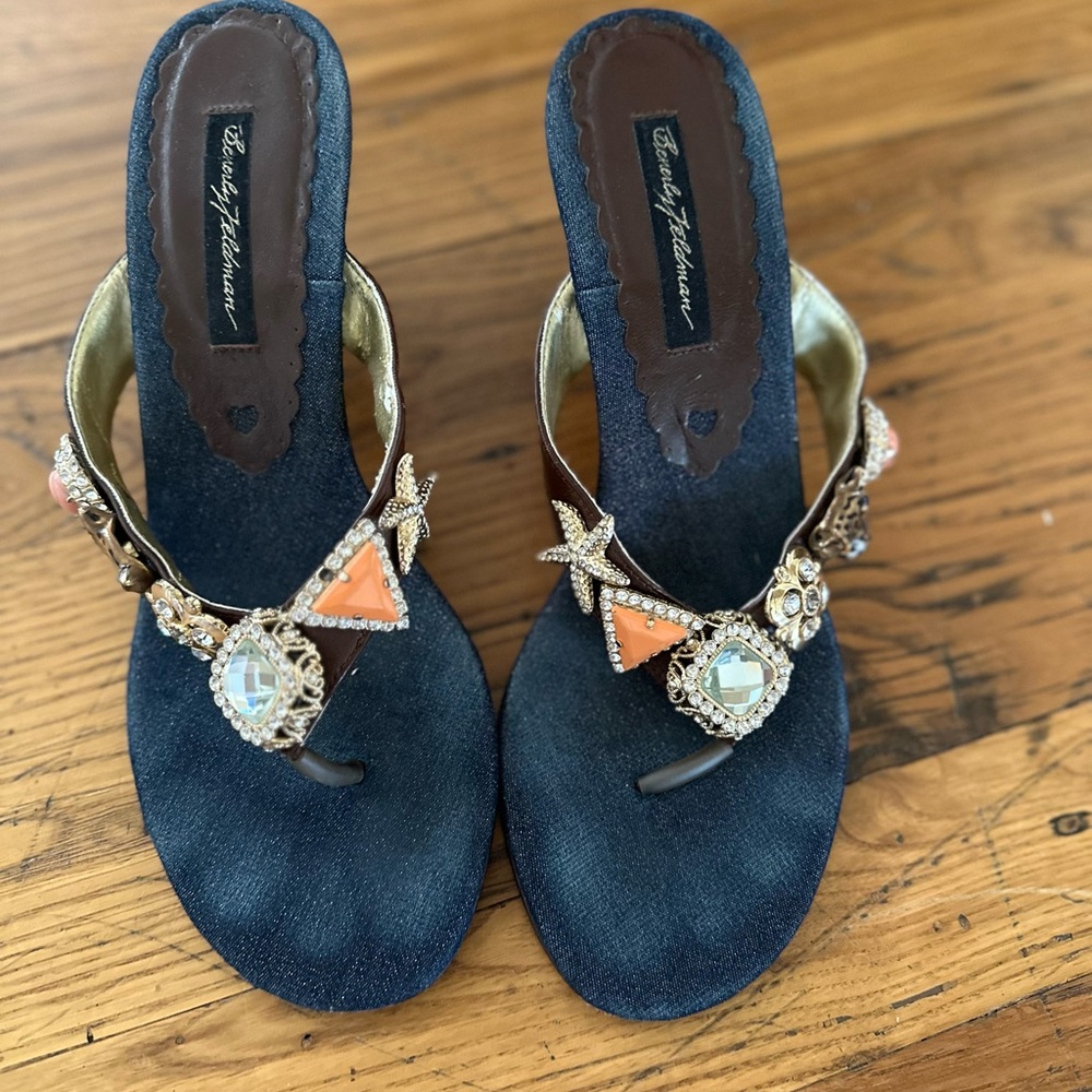 Beverly Feldman  Women's Blue and Gold Embellished Sandals